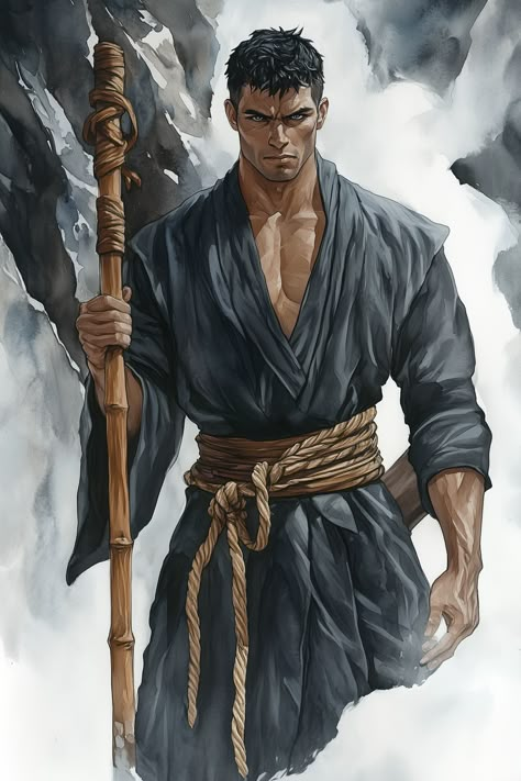 Korthin Drosk is a tall human with a wiry frame, his skin displaying the rugged texture of sun-kissed bronze. He possesses closely cropped, ash-brown hair His piercing grey eyes are framed by angular brows. Korthin dons simple, dark gray robes cinched at the waist with a frayed rope, and he carries an unusual wooden staff, intricately carved with patterns of twisting vines. Bald Monk Character Art, Monk Robes Dnd, Monk Dnd Art, Human Warlock Male, Monk Staff, Monk Rpg, Character Showcase, Dnd Concept Art, Anime People Drawings