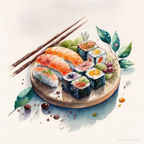 Sushi Drawing Realistic, Japanese Food Sketch, Sushi Watercolor Painting, Japanese Food Illustration Art, Japanese Food Drawing, Realistic Food Painting, Watercolor Mountains Tutorial, Sushi Painting, Sushi Watercolor