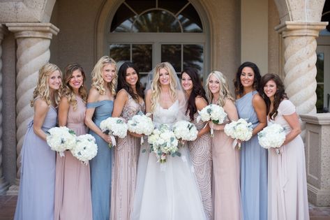 bridesmaids wearing mismatched bridesmaid dresses in cornflower blue and blush and sequins Mismatched Bridesmaid Dresses Blue, Sleeping Beauty Wedding, Pastel Bridesmaid Dresses, Neutral Bridesmaid Dresses, How To Dress For A Wedding, Wedding Bridesmaids Dresses Blue, Stunning Bridesmaid Dresses, Champagne Bridesmaid Dresses, Sequin Bridesmaid