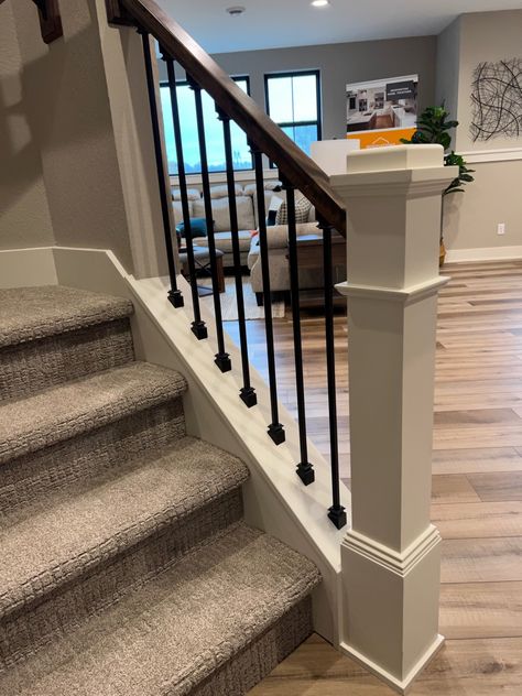 Stair Railing Ideas Carpet, Basement Stair Spindles, Stair Railing Upgrade, Updated Banister Newel Posts, Stair Railing Ideas With Carpet Stairs, Stair Railing Ideas With Carpet, Small Banister Ideas, Split Staircase Ideas, Banisters And Railings Farmhouse