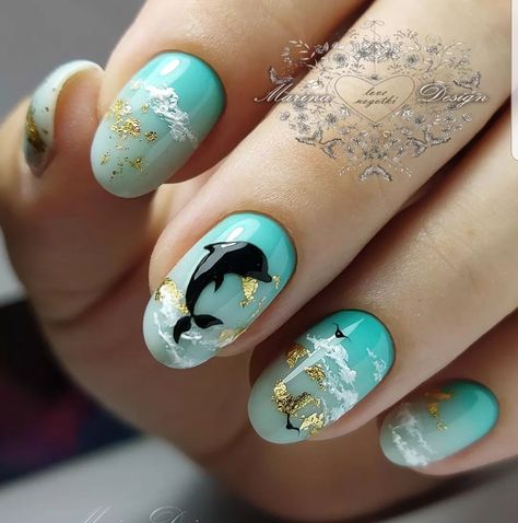 Ocean Theme Nail Designs, Summer Theme Nails, Sea Creature Nails, Dolphins Nails, Teal Nails Acrylic, Beach Theme Nails, Ocean Themed Nails, Dolphin Nails, Turtle Nail Art