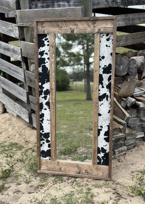 Western Cow Room Ideas, Hobby Lobby Western Decor Bedroom, Western Diy Mirror, Small Bedroom Western Ideas, Cow Room Ideas Aesthetic, Cow Inspired Bedroom, Cow Print Mirror Frame Diy, Diy Western Mirror Frame, Country Themed Bedroom Ideas