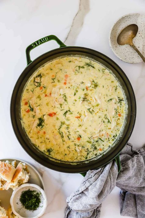 This Creamy Chicken and Rice Soup is the ultimate cozy meal for chilly days! With tender rotisserie chicken, jasmine rice, and aromatic herbs, it’s bursting with savory Mediterranean flavors and hearty textures. Pair it with a leafy green salad or crusty bread for a well-balanced dinner the whole family will love! Easy Rice Soup Recipes, Ranch Chicken Rice Soup, Creamy Lemon Rice Soup, Cream Of Chicken And Rice Soup, Cream Of Chicken Rice Soup, Greek Chicken And Rice Soup, Crockpot Chicken Rice Soup, Chicken And Brown Rice Soup, Chicken Jasmine Rice