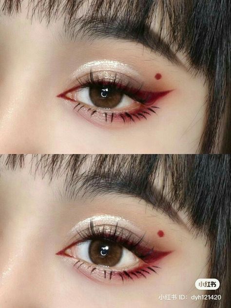 Cute Red Eye Makeup, Red Silver Eye Makeup, Historical Makeup Looks, Concert Eyeliner Looks, Red Star Eye Makeup, Ateez Makeup Inspired Concert, Red Makeup Looks Hooded Eyes, Red Heart Makeup Look, Red Concert Makeup