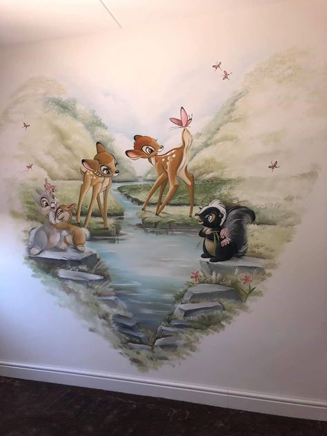 Nursery Ideas Cartoon, Bambi Nursery Theme, Disney Mural Bedroom, Disney Wall Painting, Bambi Painting, Disney Nursery Ideas, Small Wall Painting, Bambi Nursery, Disney Wall Murals