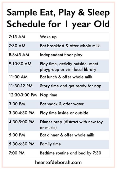 Every child is different, but it's nice to see a sample eat, play and sleep schedule to get an idea! Here is a sample baby schedule for one year old toddler. Food Schedule, Baby Food Schedule, Baby Routine, Toddler Schedule, Baby Schedule, Baby Sleep Schedule, Sleep Training Baby, Kids Schedule, Sleep Schedule