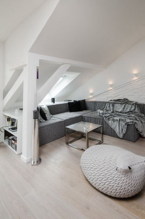 Attic #apartment #designideas in Prague Attic Living Rooms, Attic Living Room, Attic Bedroom Small, Attic Renovation Ideas, Design Ložnic, Attic Bedroom Designs, Attic Loft, Attic House, Small Attic