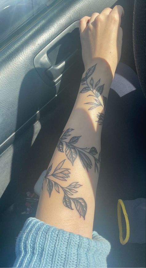 Hand Tattoos Wrap Around, Wrap Around Arm Tats, Half Sleeve Vine Tattoos For Women, Vine Leaves Tattoo Arm, Wrap Forearm Tattoo Women, Initial Cover Up Tattoo, Rap Around Vine Tattoo Arm, Floral Vine Wrapped Around Arm Tattoo, Vine Tattoos For Women On Arm Half Sleeves