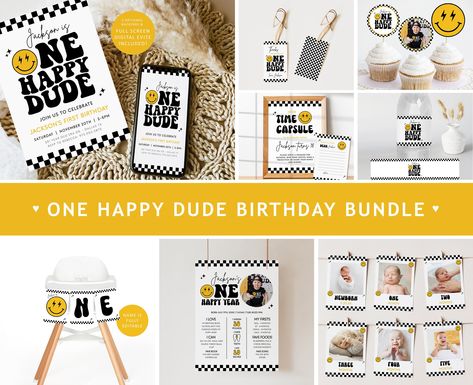 ONE HAPPY DUDE Birthday Invitation Bundle, One Happy Dude First Birthday Invitation Template, Smiley 1st Birthday Invite Birthday Decor BD40 One Happy Dude First Birthday, One Happy Dude Birthday, Dude Birthday, One Happy Dude, 1st Birthday Invite, Birthday Invitation Template, Happy Year, First Birthday Invitations, Birthday Decor