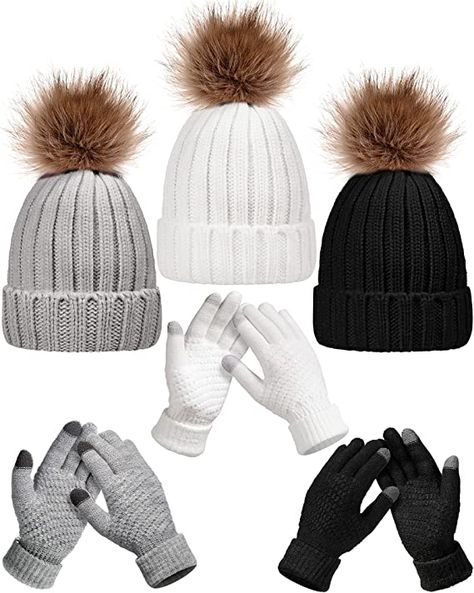 Amazon.com: 6 Pieces Women Winter Knitted Hat Glove Set Skull Cap Beanie Touchscreen Gloves Texting Gloves for Women (Black, White, Grey) : Clothing, Shoes & Jewelry Beige Gloves, Texting Gloves, Knitted Beanie Hat, Gloves For Women, Ski Cap, Cold Weather Gloves, Winter Knit Hats, Knitted Beanie, Touch Screen Gloves