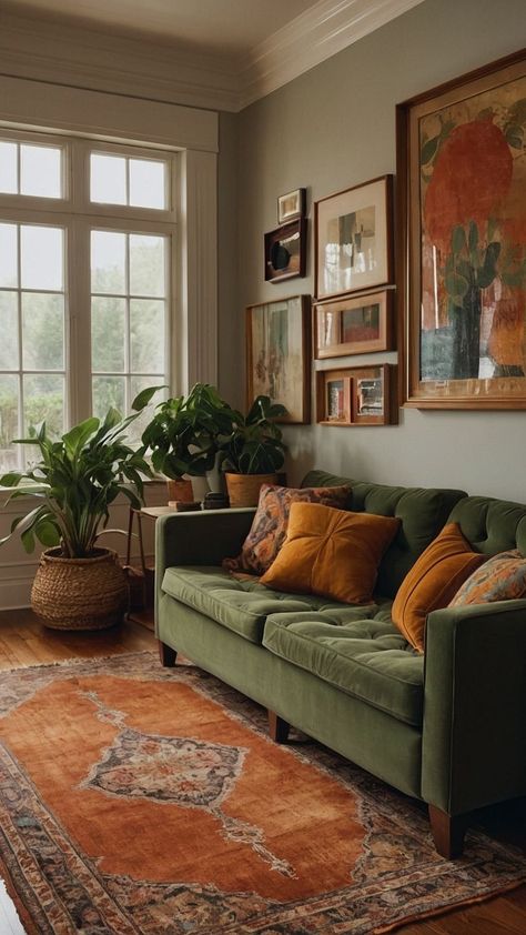 Colorful Green Living Room, Dark Olive Green Sofa Living Room Ideas, Cognac Living Room Color Schemes, Living Room Decor Uk Interior Design, Green Couch Fall Decor, Green Brown House Decor, Earthy Living Room Green Couch, Living Room With Green Couch Ideas, Apartment Bedroom Color Schemes