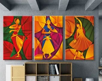 Dance Indian, Indian Colors, Indian Classical Dancer, Indian Bedroom Decor, Indian Colours, Dance Paintings, Female Dancers, Ethnic Art, Handmade Wall Art