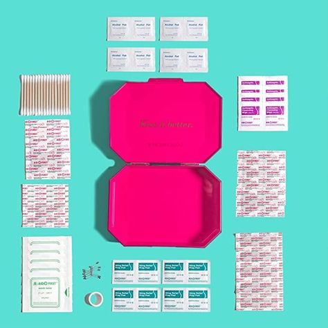 BLINGSTING First-Aid Clutch Kit - Compact Safety Case with 75 Essential First Aid Items - Rose Gold Finger Bandages, Sting Relief, Emergency Essentials, Safety Kit, Travel Necessities, Glass Breaker, Cleansing Wipes, Aid Kit, Pink Interior