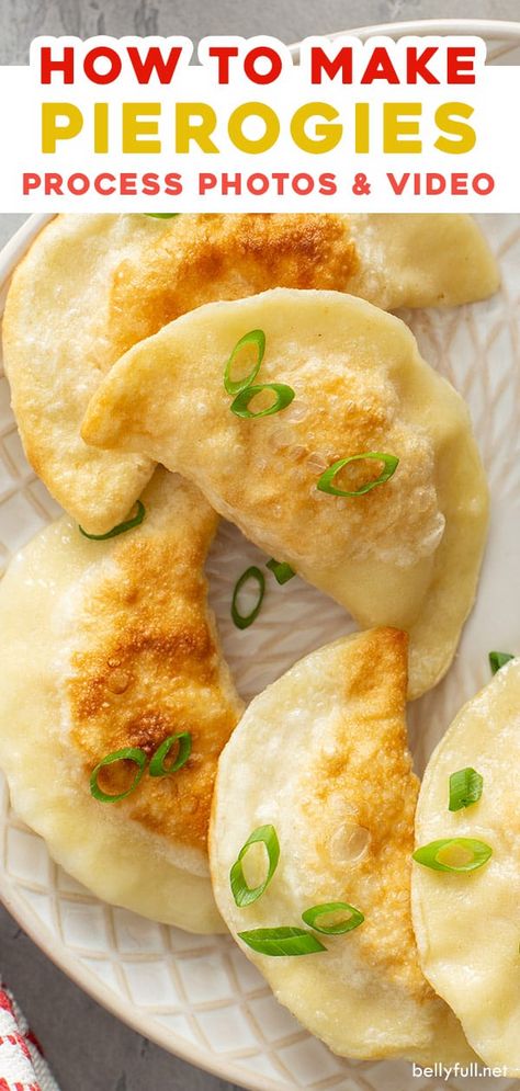 This homemade Polish Pierogi recipe starts with tender dough and then has a potato and cheese filling. They're pan fried in butter and served with sour cream. Learn how to make pierogies with these step by step photos and easy video instruction! Perogies Dough Recipe Sour Cream, Potato Cheese Pierogi, Cheese And Potato Perogies, Easy Homemade Perogies, Easy Perogies Dough Recipe, Perogies Recipe Easy, Potato Pierogi Filling, Pierogi Recipe Easy, Mini Perogies Recipe