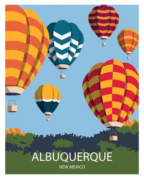 albuquerque new mexico landscape background with hot air balloon festival. vector illustration for poster, postcard, art print, template. New Mexico Balloon Festival, Hot Air Baloons, Hot Air Balloon Poster, Hot Air Balloon Illustration, Ballon Festival, Albuquerque Balloon Festival, Background For Poster, Hot Air Balloon Art, New Mexico Landscape