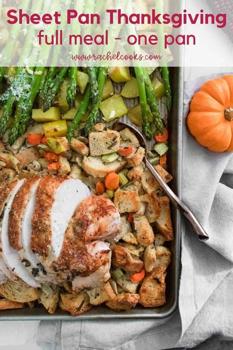 Cooking a smaller dinner for Thanksgiving? You will love this sheet pan Thanksgiving dinner with turkey breast, stuffing, potatoes, and asparagus all cooked on one pan. So delicious and such an easy clean up! Thanksgiving Dinner For Two, Turkey Tenderloin, Easy Thanksgiving Recipes, Sheet Pan Dinners Recipes, Turkey Dinner, Homemade Dinner, Vegetarian Dinners, Sheet Pan Dinners, Sheet Pan Recipes