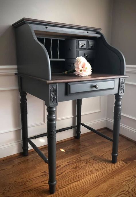 Queenstown Gray Roll Top Desk | General Finishes Design Center Two Tone Furniture, Secretary Desk Makeover, Ikea Black, Gel Stains, Desk Makeover Diy, Java Gel, Revamp Furniture, Wood Stains, Roll Top Desk