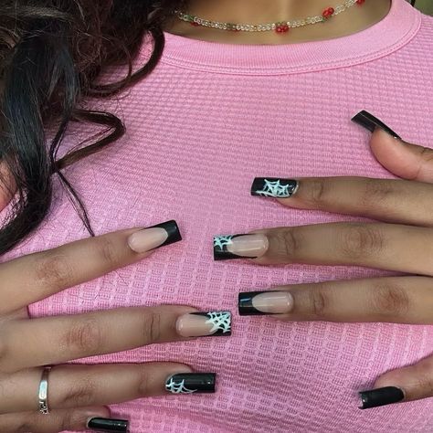 medium length halloween black french tip gel nails with spider web nail art Black French Tip Spider Web Nails, Black French Tip Gel Nails, Spider Web Nails, French Tip Gel, Web Nails, French Tip Gel Nails, Black French Tip, Black French Tips, Black French