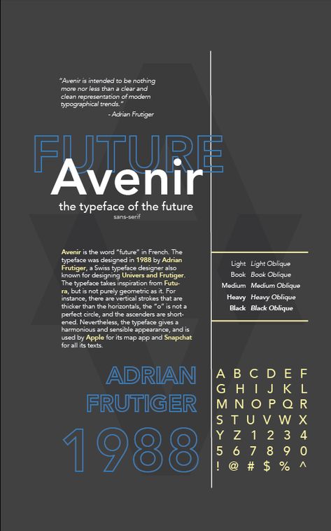 Font Specimen Poster, Avenir Font, Specimen Poster, Font Specimen, Font Poster Design, Font Poster, Folder Graphic Design, Brochure Design Layouts, Typeface Poster