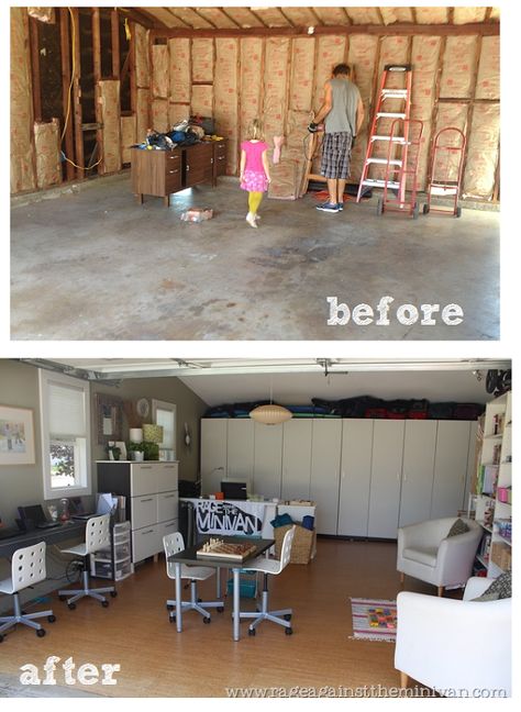 Totally converting my garage the next time we buy a house! Then we don't have to keep looking for a place with room for an office. Garage Playroom, Garage Transformation, Garage To Living Space, Garage Floor Paint, Converted Garage, Garage Room, Garage Renovation, Garage Bedroom, Office Playroom