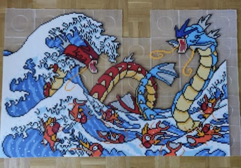 Perler Creations Sculptures & Statues, Fuse Beads Templates, Pokemon Melty Beads, Pokemon Display Ideas, Large Perler Bead Patterns, Pokemon Perler Bead Patterns, Pokemon Gyarados, Hama Beads Pokemon, 3d Pokemon