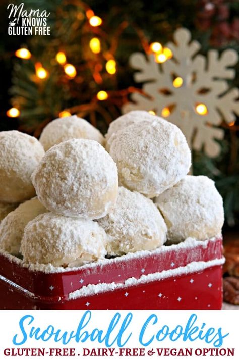 Gluten-Free Snowball Cookies are a buttery shortbread cookie filled with nuts and rolled in powdered sugar. They are also known as Mexican Wedding Cake Cookies and Russian Teacakes. A classic Christmas cookie recipe. The recipe also has a dairy-free and Vegan option. #glutenfreerecipes #Christmascookies Snowball Christmas Cookies, Russian Teacakes, Marshmallow Dessert, Sand Tarts, Cookies Sans Gluten, Salty Marshmallow, Snowball Cookie Recipe, Gluten Free Christmas Cookies, Mexican Wedding Cookies