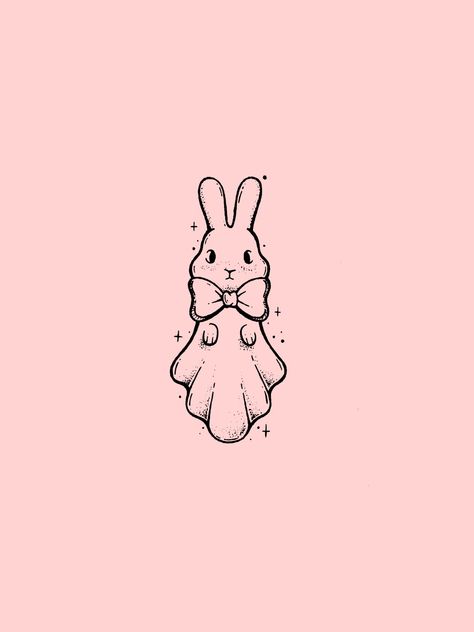 Cute pink spring wallpaper with a drawing of a cute ghost bunny Adorable Ghost Tattoo, Ghost Bunny Tattoo, Bunny Jumping Tattoo, Pink Spring Wallpaper, Spooky Animals, Ghost Rabbit, Ghost Bunny, Ipad Widgets, Space Bunnies