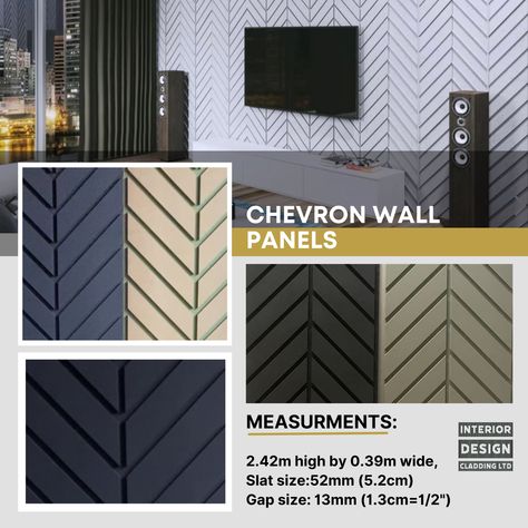 Beautiful contemporary chevron design wall panels . Available in charcoal (to oil it and leave as they come ) or MDF as a paintable version Slat Wall Decor, Modern Slat Wall, Chevron Wall Decor, Interior Cladding, Chevron Wall, Chimney Breast, Grey Panels, Home Design Living Room, Marble Wall