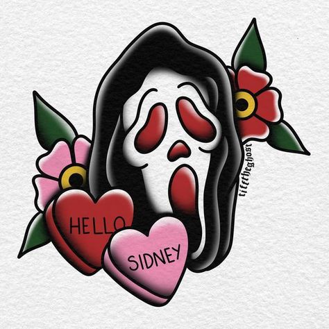 Ghostface Traditional Tattoo, Scream Tattoo Sleeve, Cute Ghostface Tattoo, Heart Ghostface, Horror Movie Flash Tattoo, Scream Tattoo Ghostface, Valentines Flash, Ghostface Tattoo, Spooky Valentines