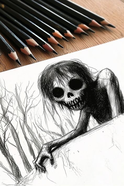 Illustration of a sinister figure peering over a ledge with hollow eyes, representing little sketches creepy theme. Creepy Character Drawing, Scary Sketches Dark Art, Horror Art Dark Sketch, Haunted Drawing, Sketches Creepy, Horror Doodles, Scary Drawing Ideas, Creepy Doodles, Sketch Nose