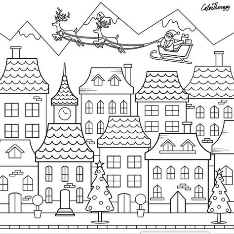 Christmas House Doodle, Christmas Town Drawing, Christmas Village Drawing, Old Town Drawing, Town Drawing, Christmas Window Painting, Window Drawing, Coloring Pages Inspirational, Christmas Window Decorations