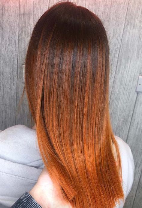 Copper Ends Hair, Ombré Ginger Hair, Ginger Hair Colours Shades, Brunette To Ginger Ombre, Spicy Ginger Hair, Brown And Ginger Hair, Ginger Hair Color Shades, Ombré Ginger, Ginger Hair With Dark Roots