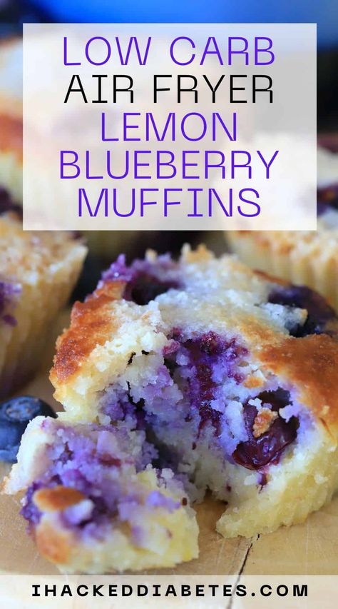 Low carb muffins bursting with lemon and blueberries topped with a golden-brown streusel made in the air fryer. #lowcarb #keto #airfryer Blueberry Muffin Tops, Low Carb Air Fryer, Air Fryer Keto, Keto Blueberry Muffins, Dinner Recipes Healthy Low Carb, Keto Blueberry, Low Fat Low Carb, Low Carb Muffins, Low Carb Low Fat Recipes