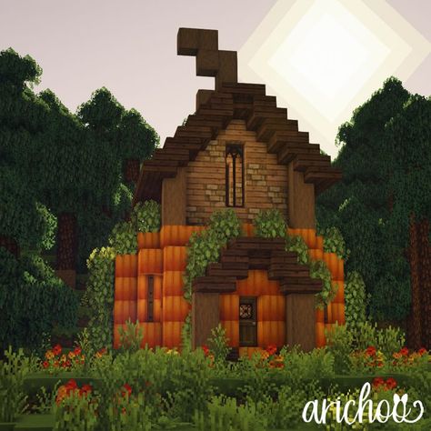 Minecraft Fall Cottage, Minecraft Pumpkin House Tutorial, Witch Aesthetic Minecraft Builds, Minecraft Halloween Aesthetic, Minecraft Halloween Village, Witch Aesthetic Minecraft, Minecraft House Ideas No Mods, Halloween Town Minecraft, Spooky Minecraft Ideas