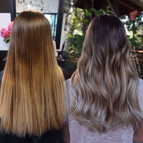 Before and after color correction, from a brassy DIY ombré to a soft and blended ombré using ash and cool beige tones Hair Before And After Toner, Before And After Toner, Before And After Color Correction, Ash Tone Hair, Brassy Blonde Hair, Ashy Hair, Color Correction Hair, Brassy Blonde, Brassy Hair