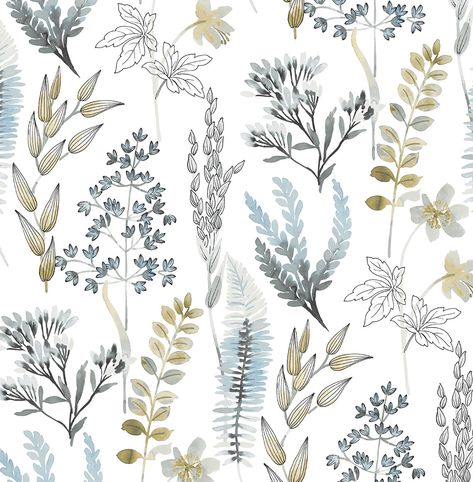 Sample Wild Garden Peel-and-Stick Wallpaper in Glacier Blue & Matte Brass Colorful Florals, Wild Garden, Smooth Walls, Pattern Matching, Burke Decor, Wallpaper Roll, Of Wallpaper, Stick Wallpaper, Steel Blue