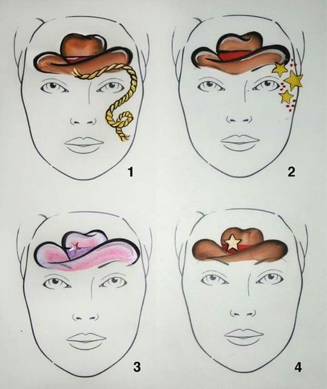 . Cowboy Hat Face Paint, Country Face Paint, Rodeo Face Paint, Rodeo Face Painting Ideas, Cowgirl Face Paint, Western Face Paint, Farm Face Paint, Cowboy Face Paint, Face Painting Tips