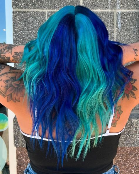 Aquatic color block by @cosmobynina using Lunar Tides 💧 Red To Green Hair, Fun Blue Hair, Indigo Blue Hair, Blue And Teal Hair, Green And Red Hair, Blue And Silver Hair, Half And Half Hair Color, Bright Colored Hair, Bold Hair Color Ideas