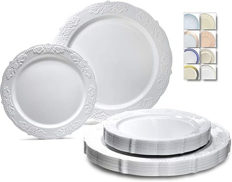 Amazon.com: " OCCASIONS " 120 Plates Pack,(60 Guests) Vintage Wedding Party Disposable Plastic Plates Set -60 x 10.25'' Dinner + 60 x 7.5'' Salad / Dessert Plate (Portofino in plain Ivory): Home & Kitchen Gold Plastic Plates, White Plastic Plates, Disposable Plastic Plates, Vintage Wedding Party, Plastic Silverware, Gold Dinnerware, Bookcase Styling, Wedding Plates, Pretty Plates