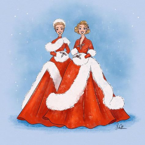 Shea O'Connor on Instagram: "What’s your favorite “White Christmas” costume? Comment below and I’ll attempt to draw it! . There is nothing more iconically vintage Christmas to me than “White Christmas.” I’ve done several fan art pieces over the years from this beloved film, but I want to focus on drawing the gorgeous Haynes Sisters costumes (designed by Edith Head) in a vintage fashion plate style. . I’ll be adding some prints to my Etsy shop (link in bio) as I draw them, starting with this on Sisters Sisters White Christmas, White Christmas Sisters, Sisters White Christmas, Sisters Costumes, Jill Howarth, Sister Costumes, White Christmas Movie, Outfit Drawing, Christmas Advertising