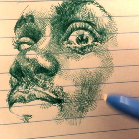 Pen Face Sketch, Biro Drawing Face, Ink Face Drawing, Pen Sketches Face, Pen Drawing Face, Lined Paper Drawing, Bic Pen Drawing, Pen Shading, Portfolio Sketchbook