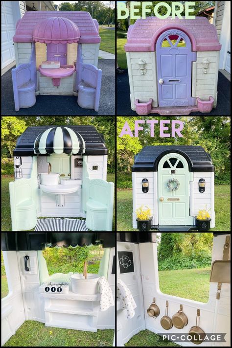 Fisher Price Playhouse Makeover, Repainted Playhouse, Plastic House Makeover, Redo Playhouse, Plastic Outdoor Playhouse Makeover, Backyard Playhouse Landscaping, Little Tikes House Makeover, Painted Little Tikes Playhouse, Playhouse Makeover Little Tikes