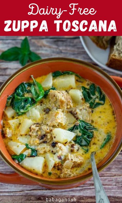 Dairy-free Zuppa Toscana soup with vegan sausage. Olive Garden Sausage Soup, Dairy Free Zuppa Toscana Soup, Vegan Zuppa Toscana, Zuppa Toscana Soup Olive Garden, Sausage Potato Soup, Zuppa Toscana Soup, Toscana Soup, Coconut Milk Soup, Dairy Free Soup