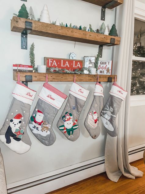 We have had our @potterybarn stockings since Liam was born and ww just added Dane’s! Yay! Love how we hung them on our shelves this year! @target Evergreen Garland, Toddler Stocking Stuffers, Santa Is Coming, All Things Green, Embroidered Stockings, Family Christmas Stockings, Family Stockings, Hot Coco, Santa Mugs