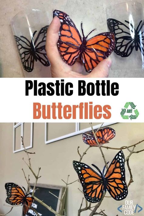 Make plastic bottle butterflies with this easy recycled art activity and learn about Monarch butterfly migration. Monarch Butterfly Migration, Butterfly Migration, Plastic Bottle Art, Recycled Art Projects, Art Activity, Plastic Bottle Crafts, Butterfly Crafts, Plastic Crafts, Recycled Art