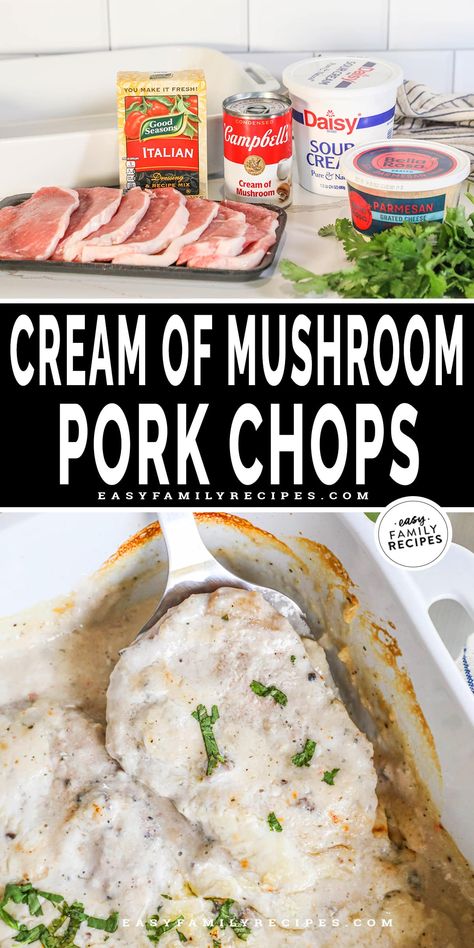 Cream Of Mushroom Pork Chops, Mushroom Soup Pork Chops, Pork Chop Casserole Recipes, Cheesy Pork Chops, Boneless Pork Chop Recipes, Baked Pork Chops Oven, Pork Chop Recipe, Mushroom Pork Chops, Easy Pork Chops