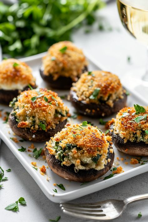 Savour Mediterranean Flavours: Portobello Mushrooms Stuffed with Spinach and Ricotta Recipe #mediterraneandiet Shrimp Stuffed Mushrooms Portobello, Stuffed Button Mushrooms, Stuffed Mushrooms Thanksgiving, Ricotta Stuffed Mushrooms, Smoked Stuffed Mushrooms, Christmas Savoury Food, Healthy Canapes, Spinach Stuffed Portabella Mushrooms, Stuffed Portobello Mushroom Recipes