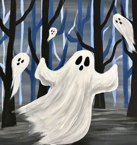 Beginner Ghost Painting 🎨👻 | In this easy step by step painting we will use only 3 colors…blue, black, and white to create depth in a haunted forest! 👻😱 I like to call it “hide and... | By Emily Seilhamer Art | Facebook Easy Ghost Painting, Easy Step By Step Painting, Cute Easy Paintings, Ghost Painting, Haunted Forest, Puff Puff, Puff Paint, Painting Templates, Halloween Painting