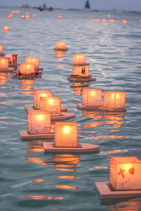 Memorial Day Lantern Floating In Hawaii Floating Lanterns Aesthetic, Lanterns Aesthetic, Floating Paper Lanterns, Lantern Aesthetic, Water Lantern Festival, Haleiwa Hawaii, Water Lantern, Lantern Painting, Turtle Bay Resort