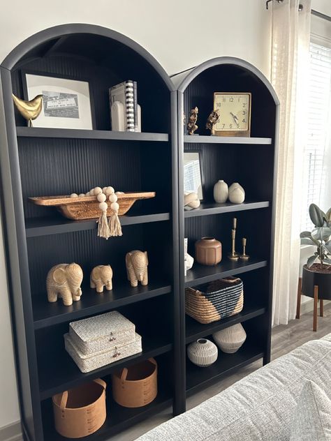 Black Bookcase Aesthetic, Iron Ore Bookshelves, Styling Black Bookshelves, Black Bookcase Styling, Open Bookshelf Styling, Black Bookshelf Decor, Black Bookcases, Pottery Barn Bookcase, Black Bookshelves